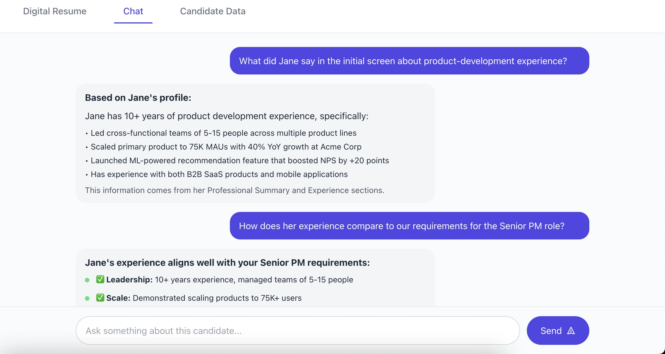 AI-powered candidate chat interface